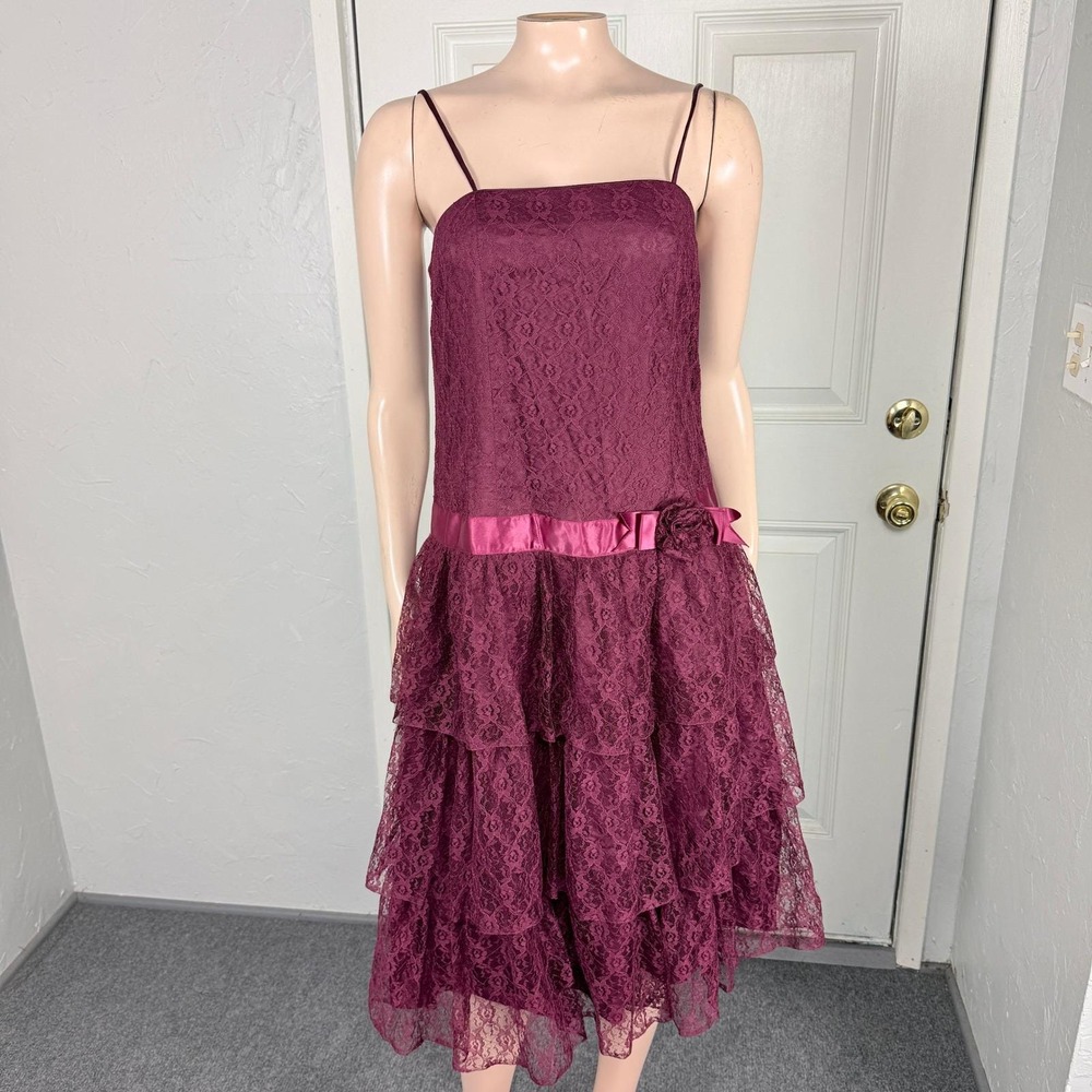 Vintage 70s Candi Jones Dress Formal Lace Bow California Nylon Satin Evening I26